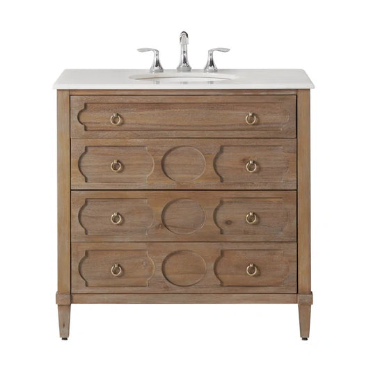Bath Vanity in Reclaimed Gray with White Marble Top and White Basin